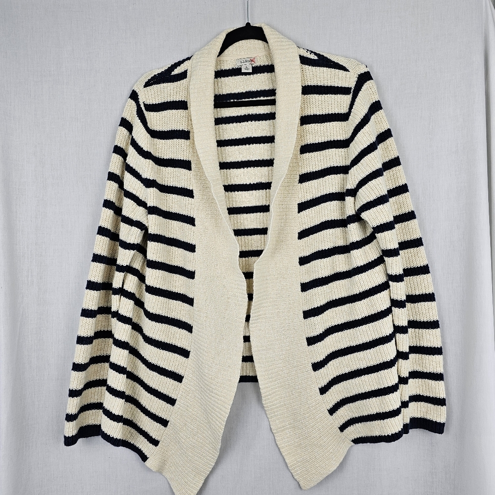 LL Bean Cardigan Sweater Cream Navy Blue Striped Women's Size Large
